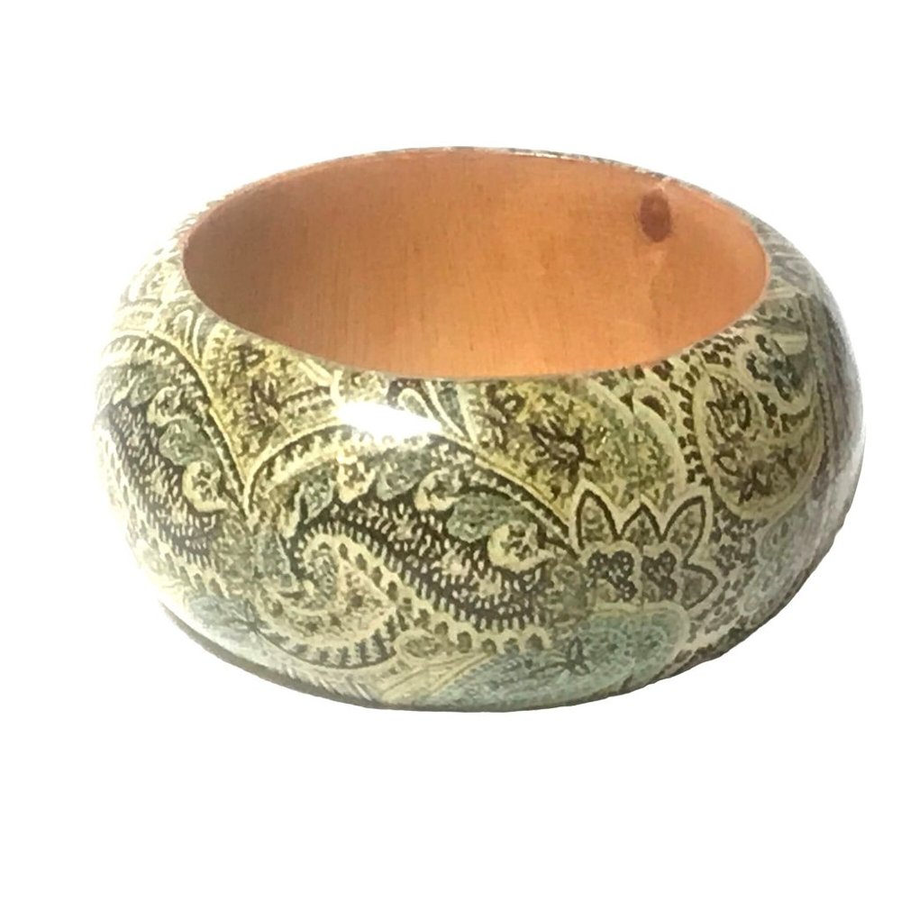 Huge Chunky Domed Paisley Wood and Lucite Bangle Bracelet in Khaki Green - Picture 2 of 5